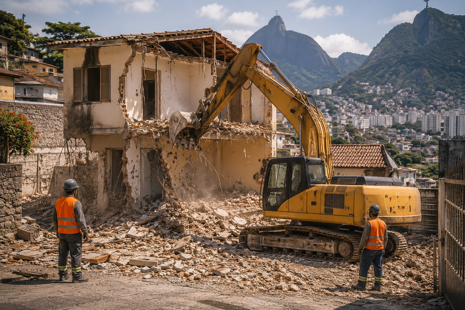 Demolição de casa de dois pavimentos com escavadeira no Rio de Janeiro