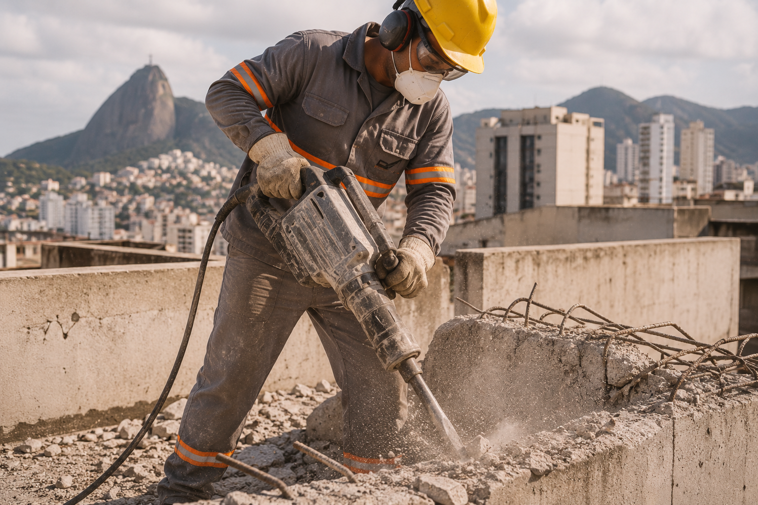 Trabalhador rompendo concreto armado com martelete rompedor