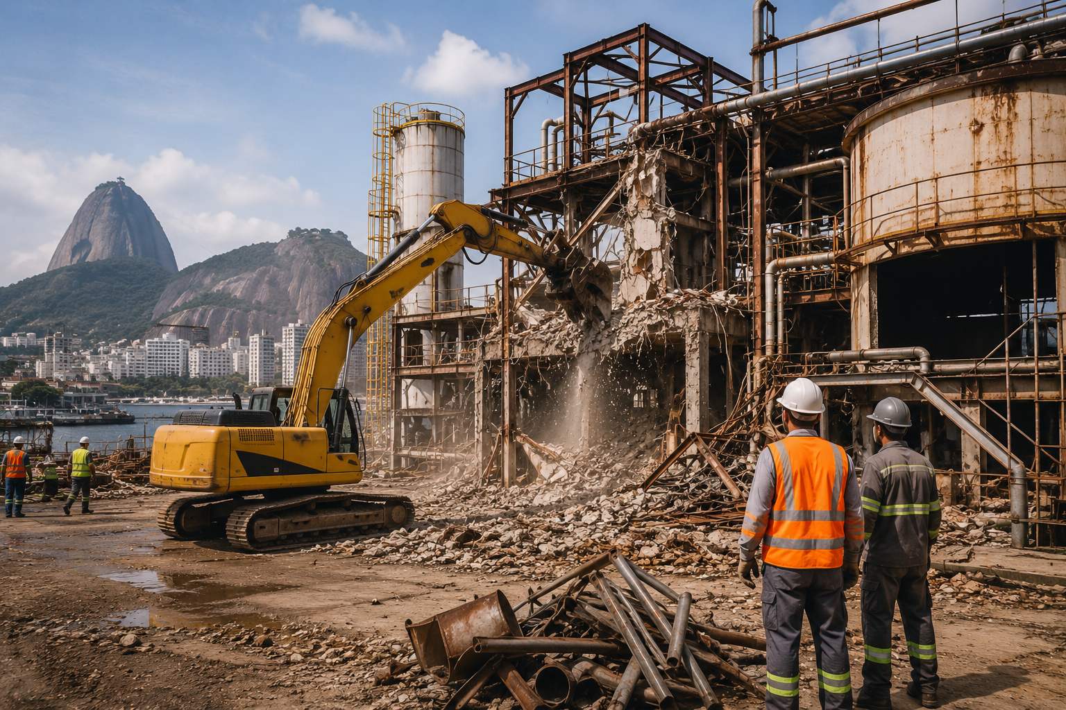Desmontagem de planta industrial com tanques e tubulações no Rio de Janeiro