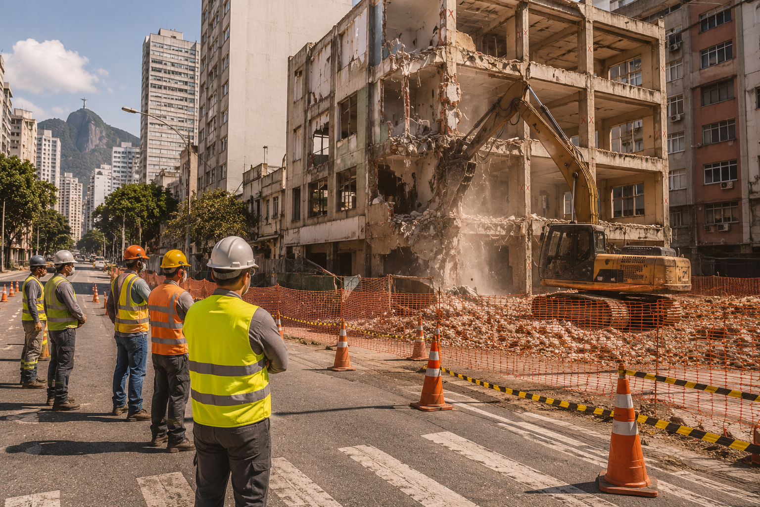 Demolição em rua movimentada do Rio de Janeiro, com cones, tela de isolamento e equipe acompanhando
